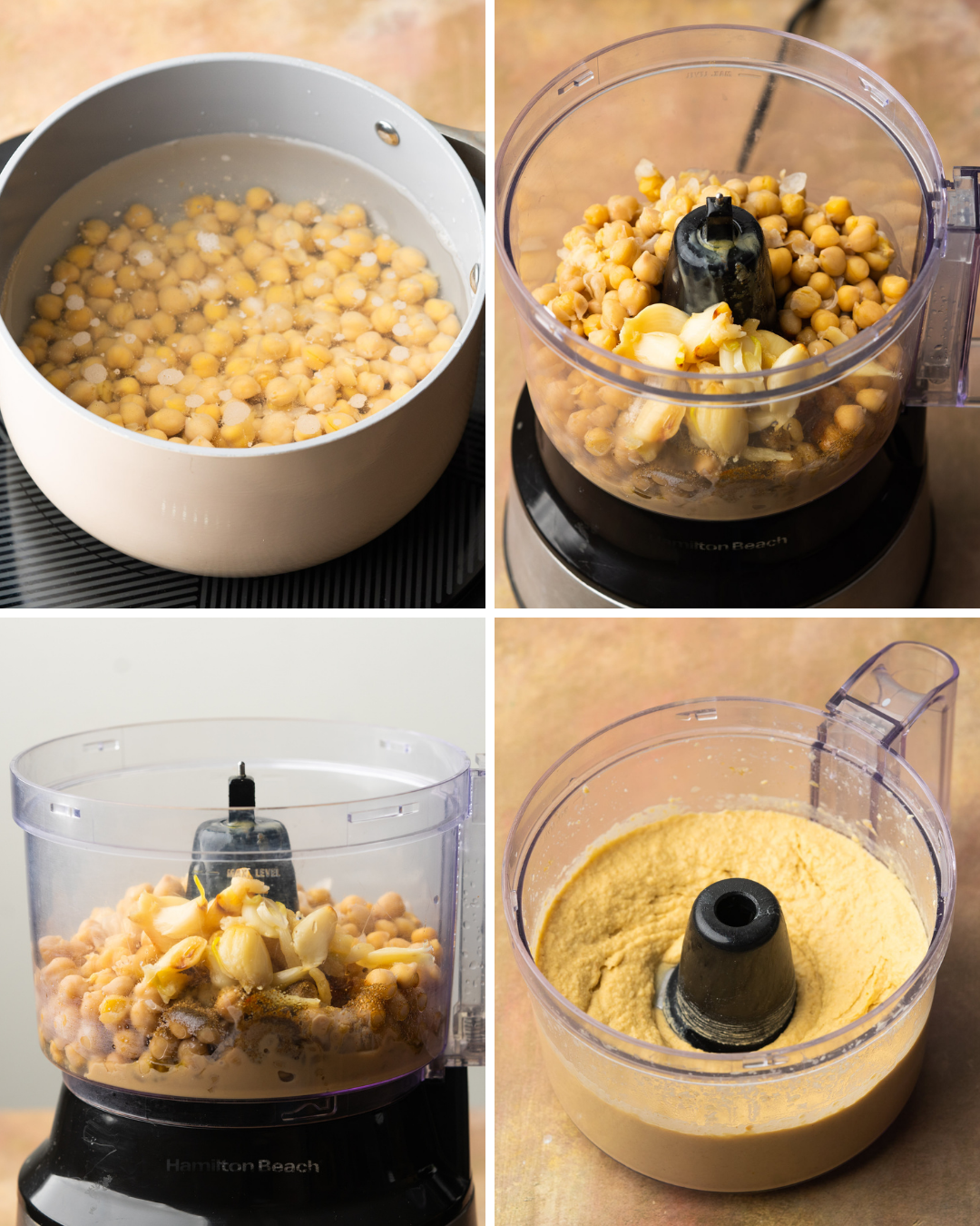 Step by step assembly of roasted garlic hummus