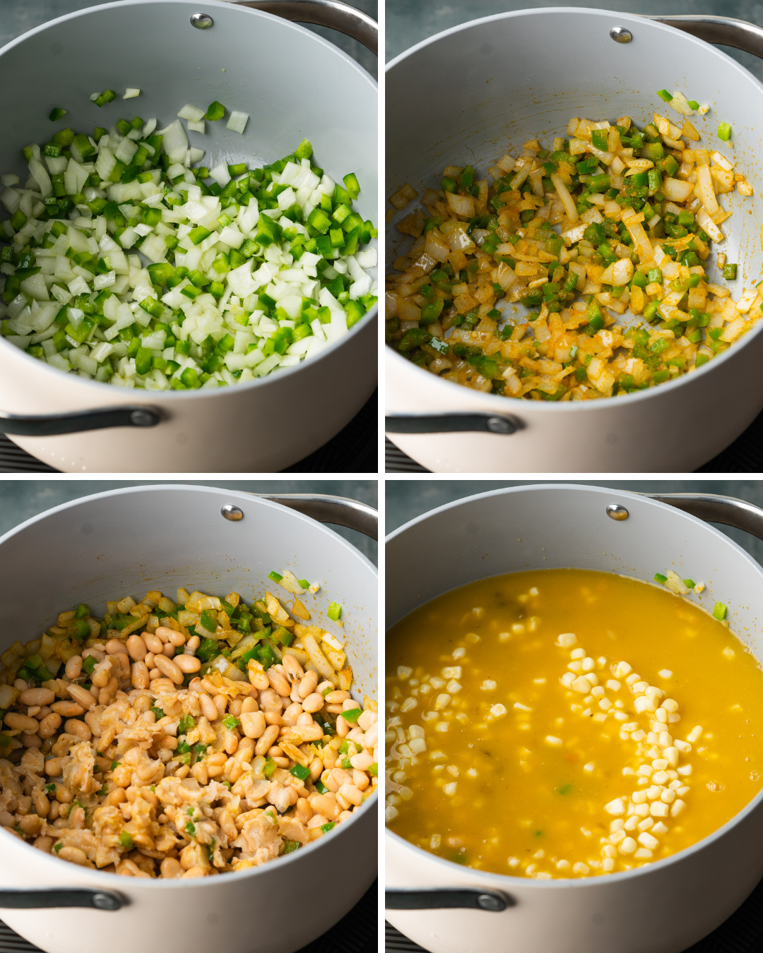 Above view of step by step assembly of a white bean chili recipe