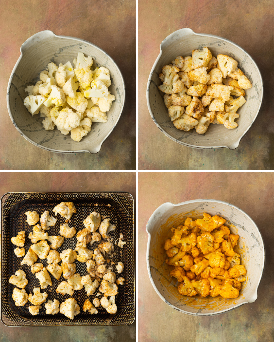 Step by step assembly of air fryer buffalo cauliflower