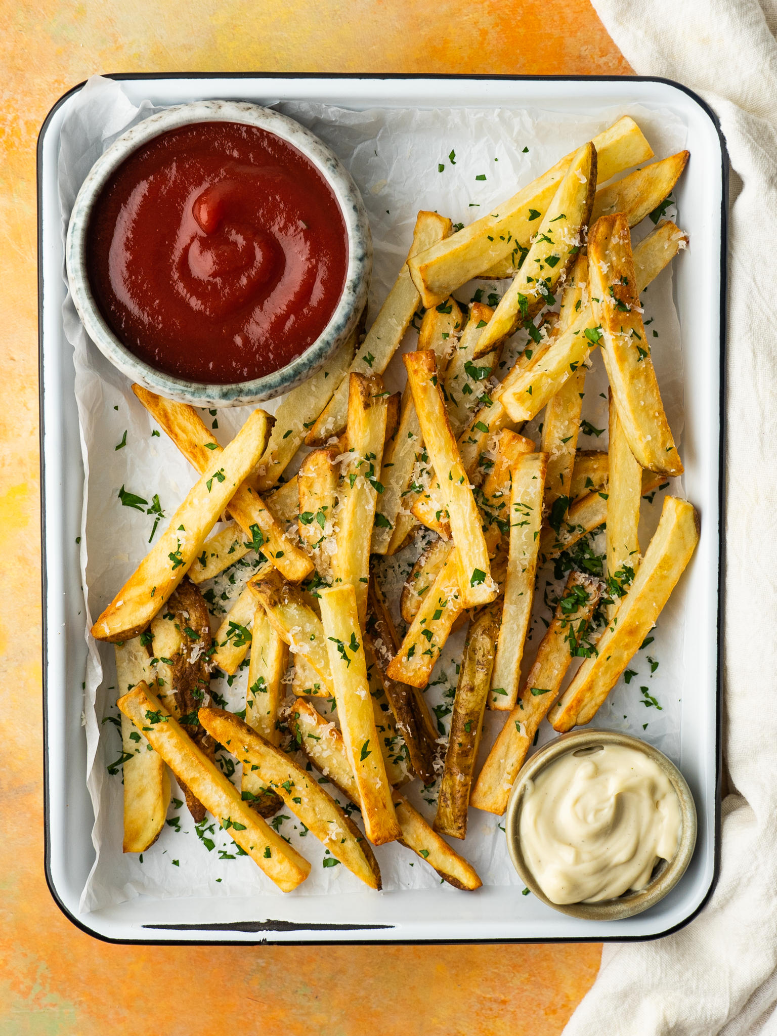 Air fried french fries served with dipping sauces