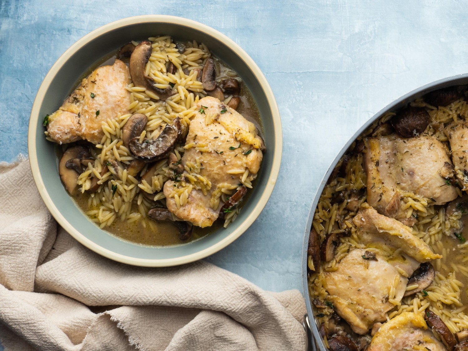 Orzo chicken and mushroom recipe in a serving bowl