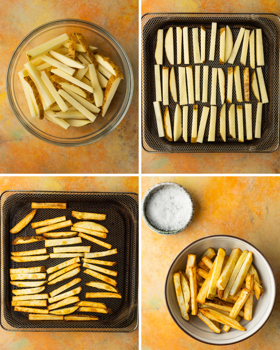 Above view of step by step tasks for cutting air fryer french fries