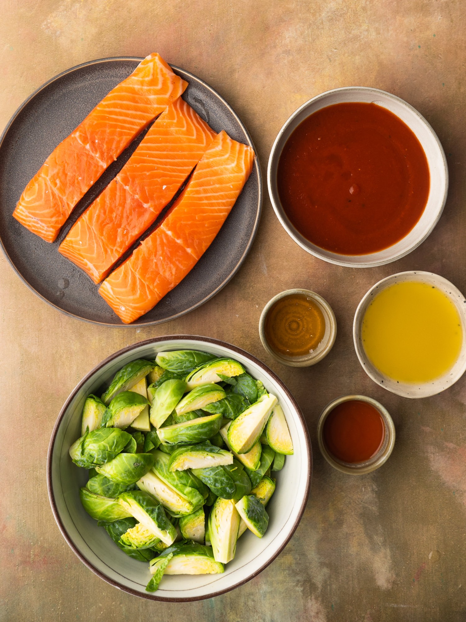 Above view of ingredients for barbecue salmon recipe