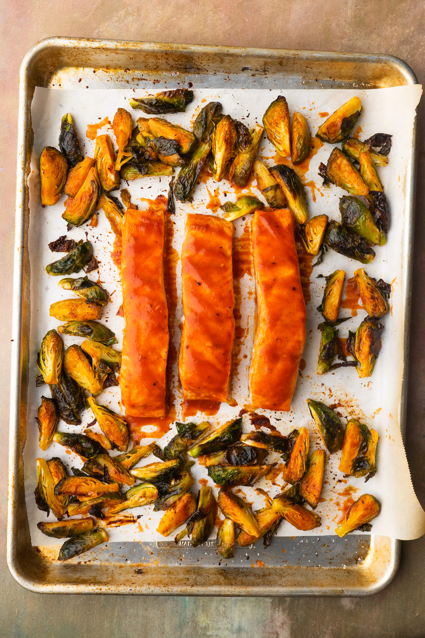 Baked bbq salmon with brussels sprouts