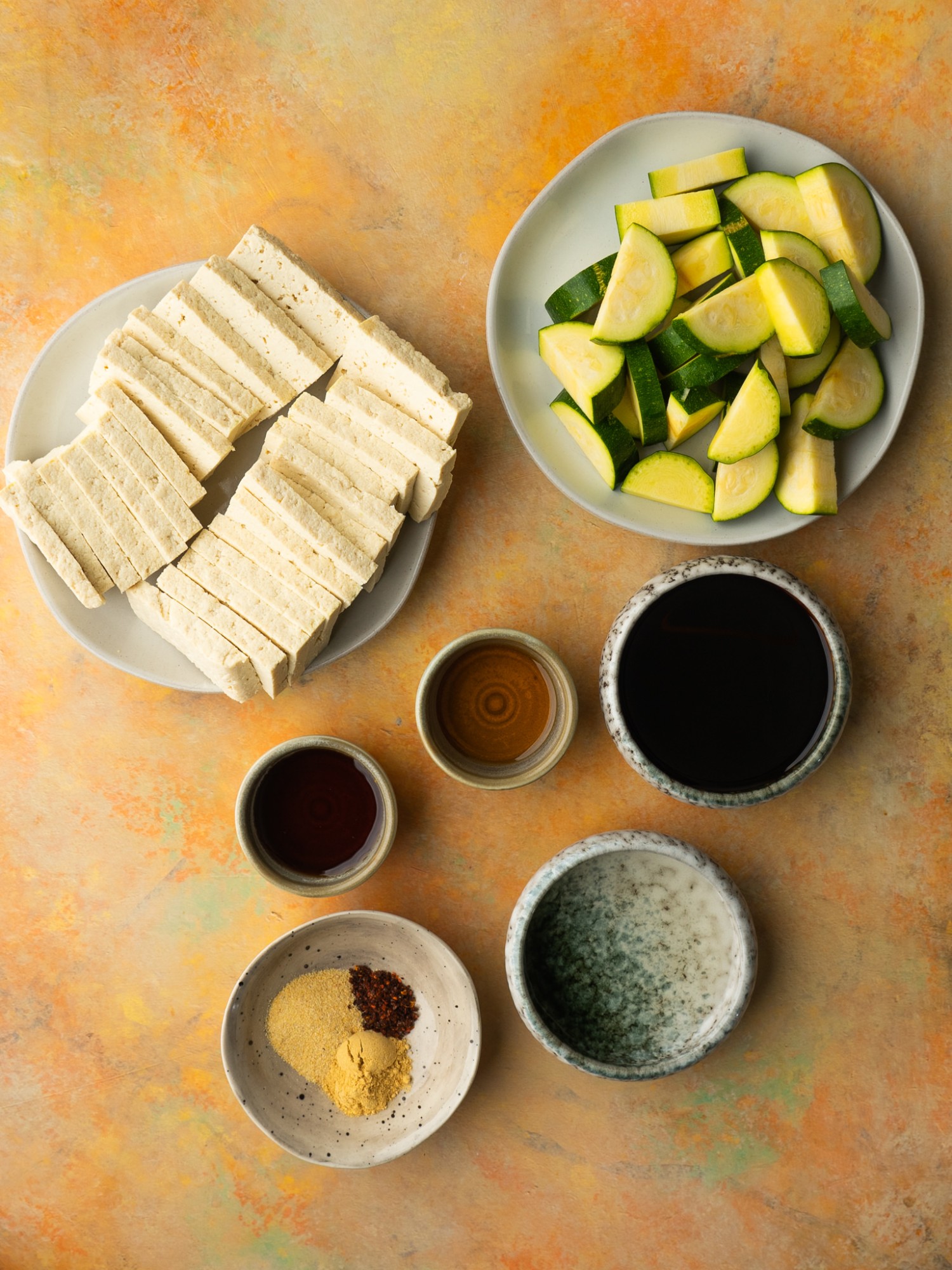 Above view of ingredients for tofu marinade and tofu