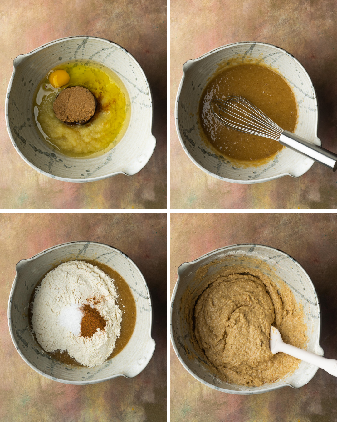 Step by step assembly of apply sauce muffins batter