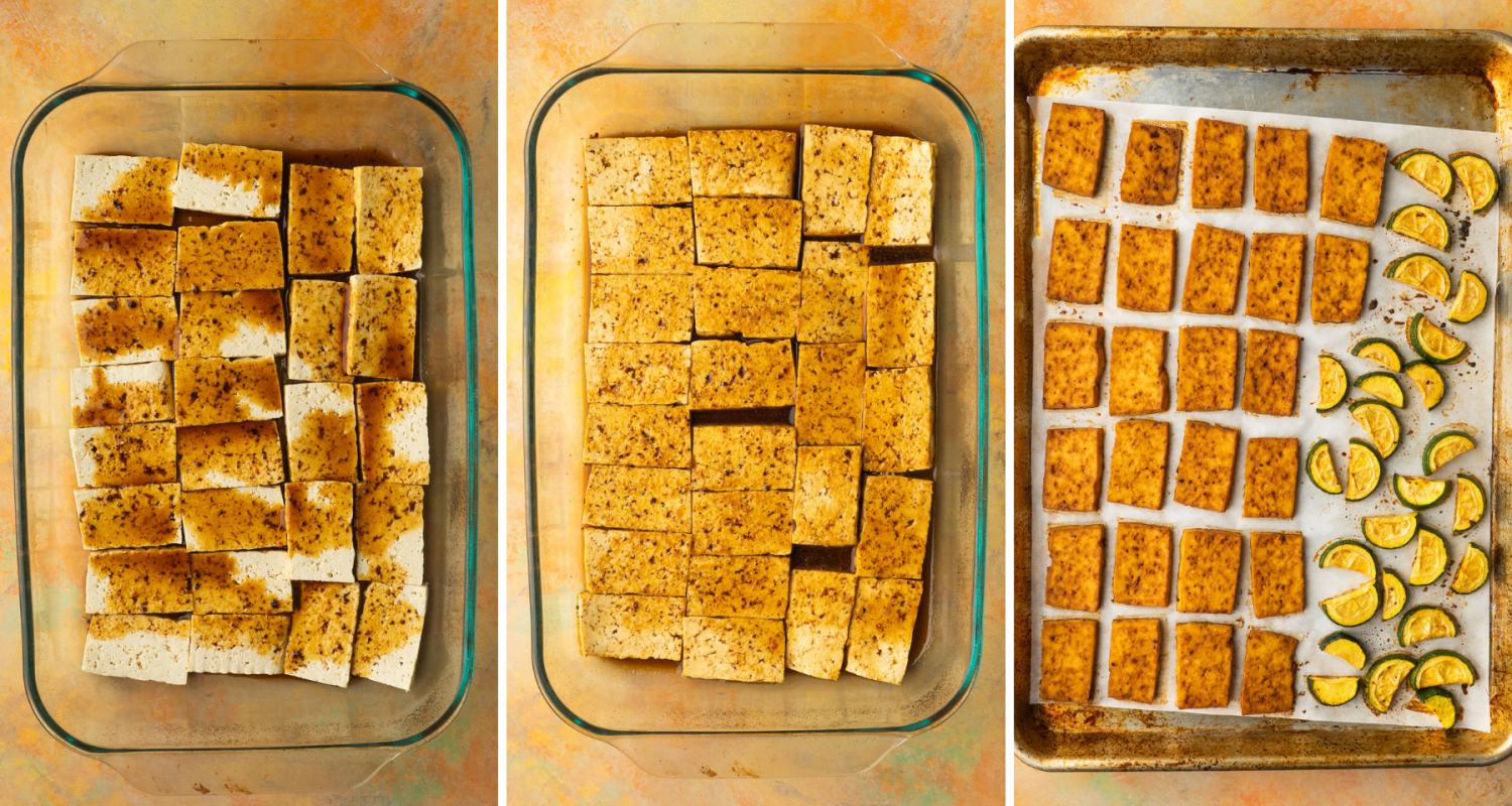 Above view of step by step assembly of baked tofu recipe