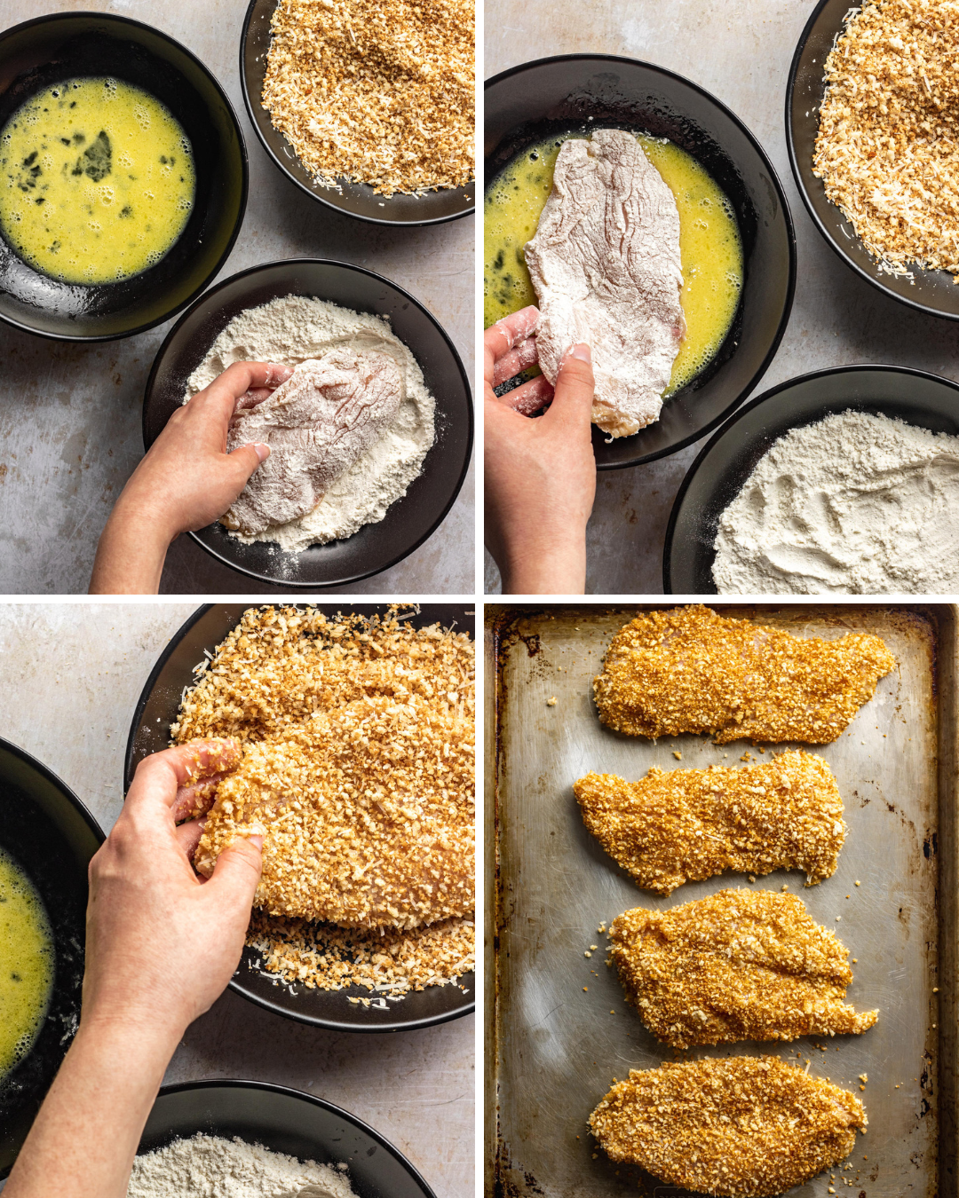 Step by step assembly of panko crusted chicken