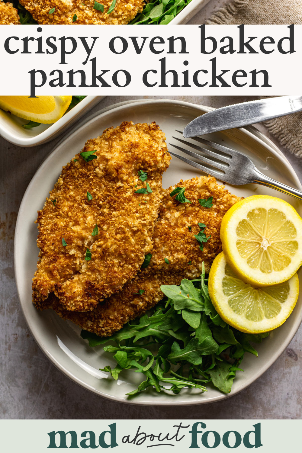 Image for pinning crispy oven baked panko chicken recipe on pinterest