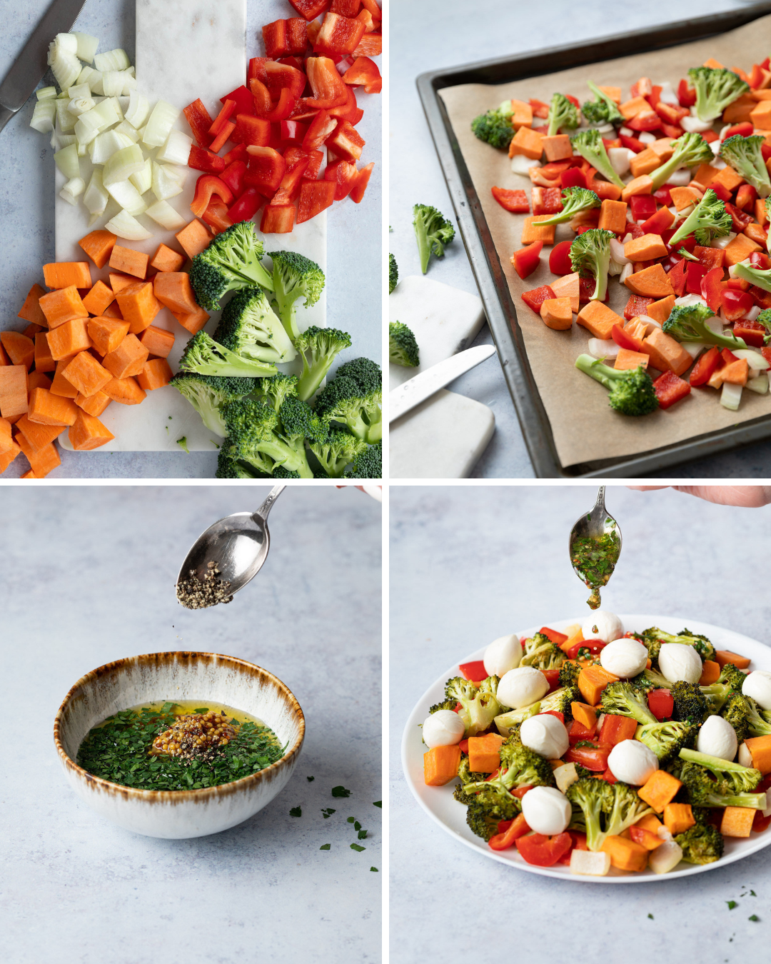 Step by step assembly of roasted vegetable salad
