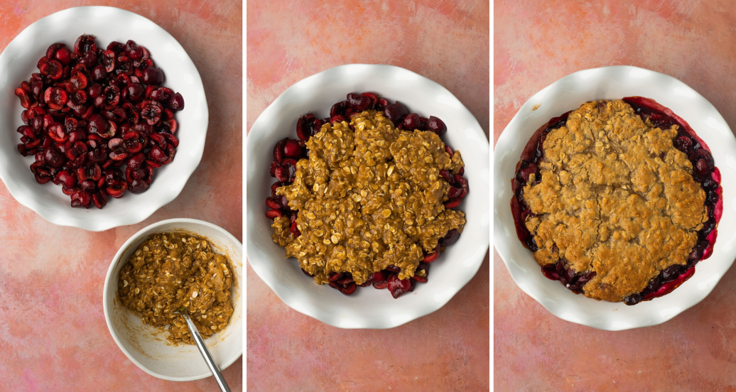 Step by Step assembly of a cherry crisp recipe