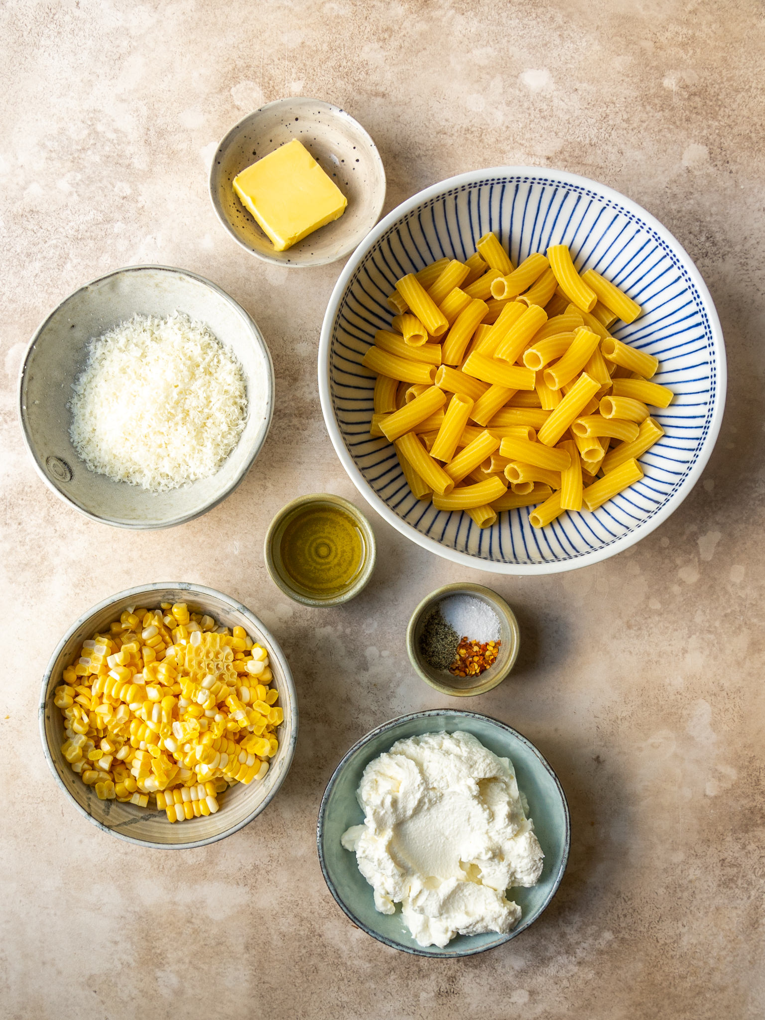 Above view of ingredients for corn pasta recipe