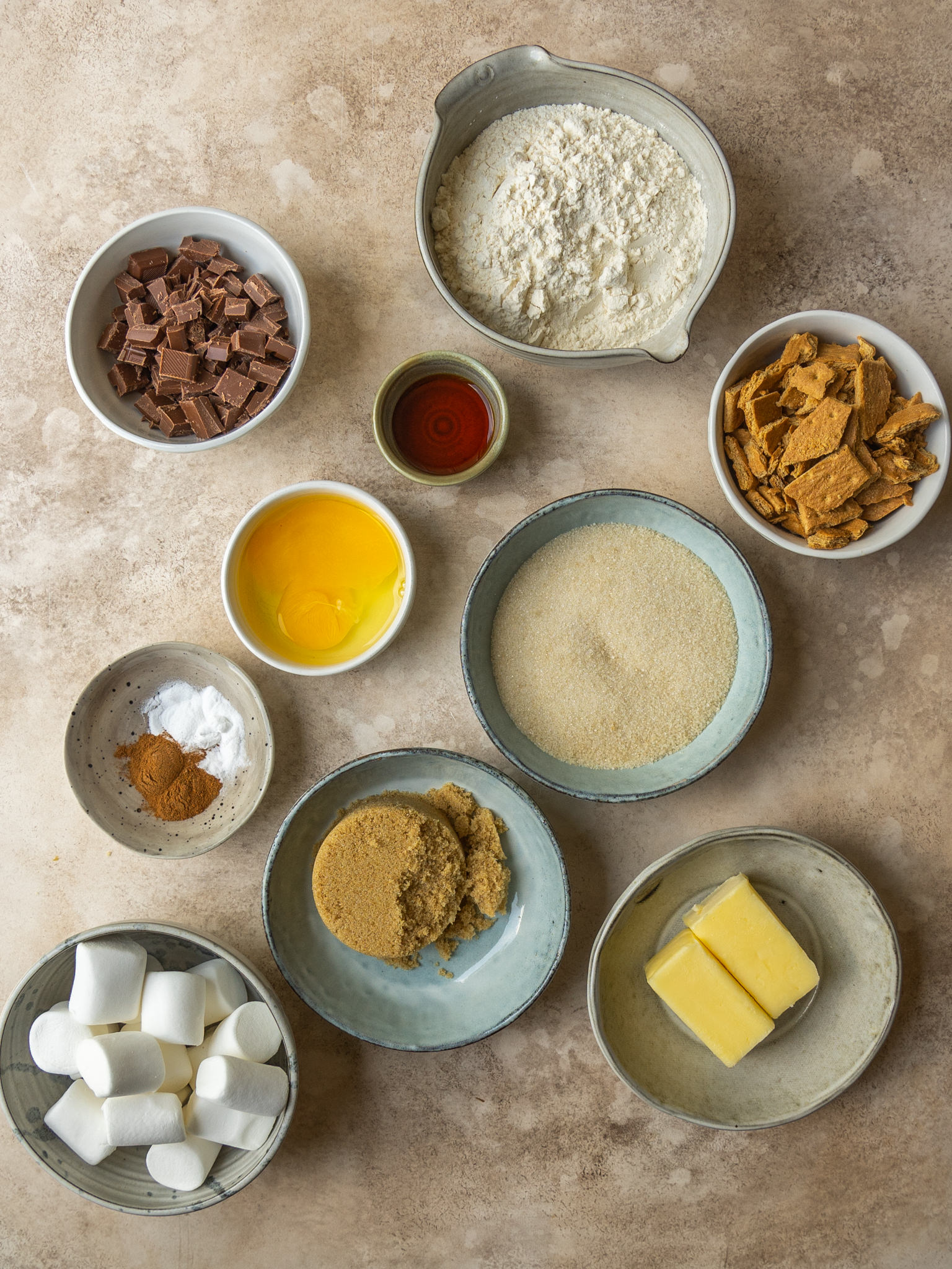 Above view of ingredients for s'mores cookie recipe