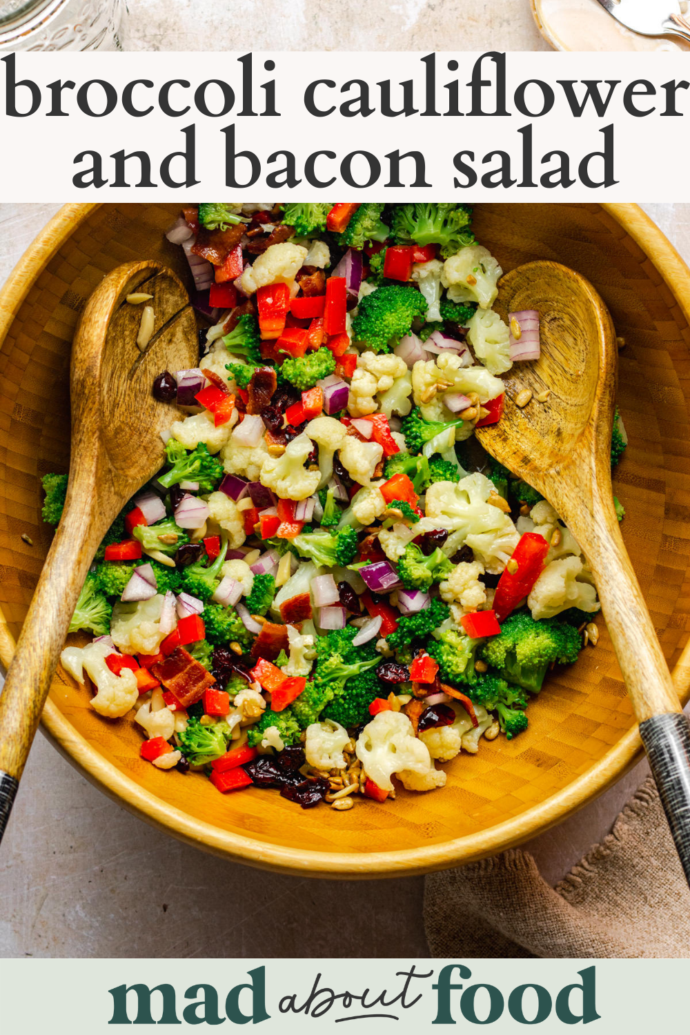 Image for pinning Broccoli Cauliflower and Bacon Salad recipe on Pinterst