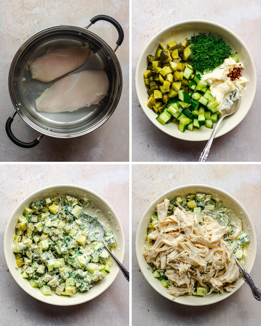 Step by step assembly of pickle chicken salad