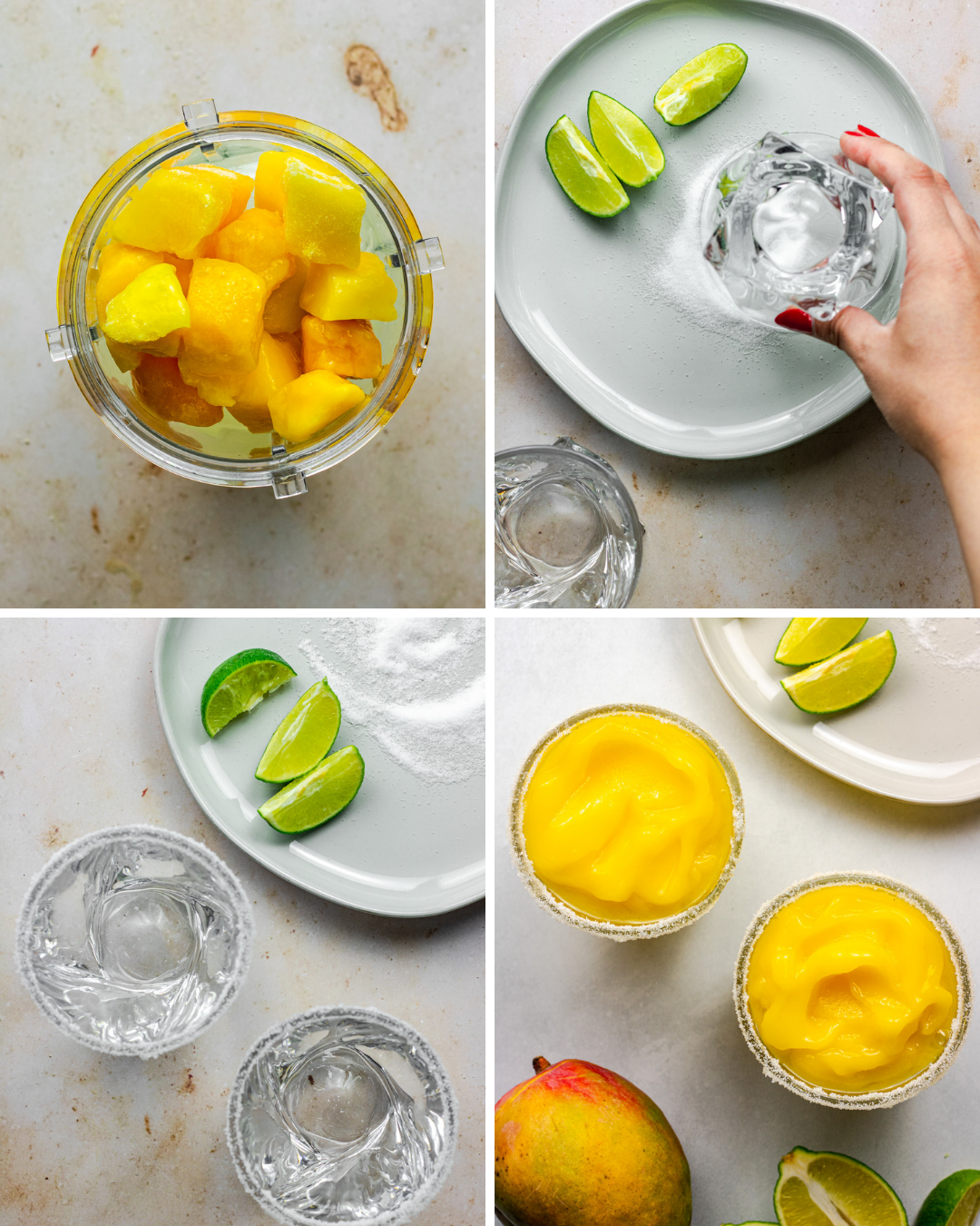 Step by step assembly of frozen mango margarita