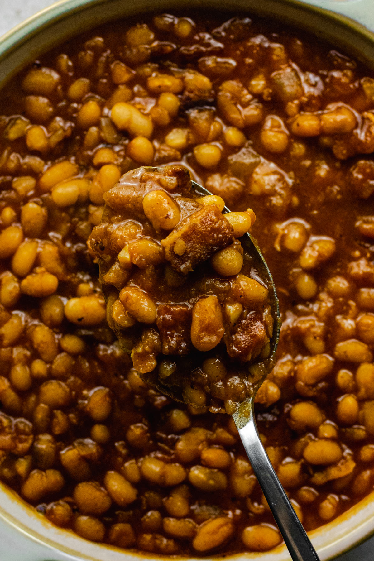 Close up view of homemade baked beans recipe