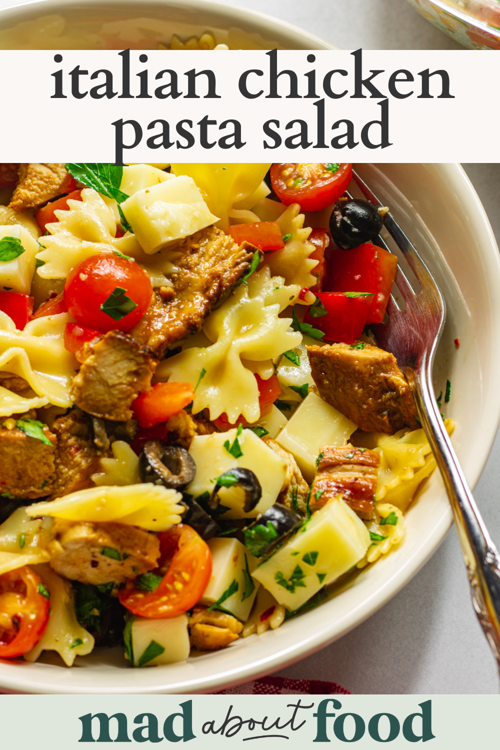 Image for pinning Italian Chicken Pasta Salad recipe on pinterest