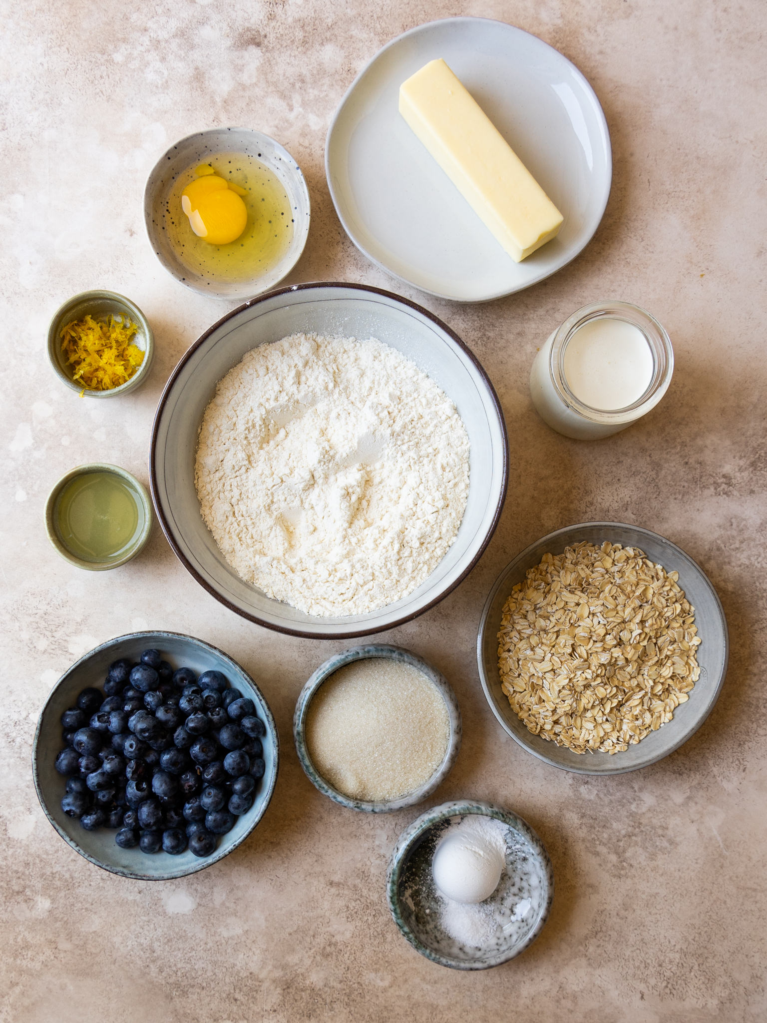Above view of ingredients for a blueberry scone recipe