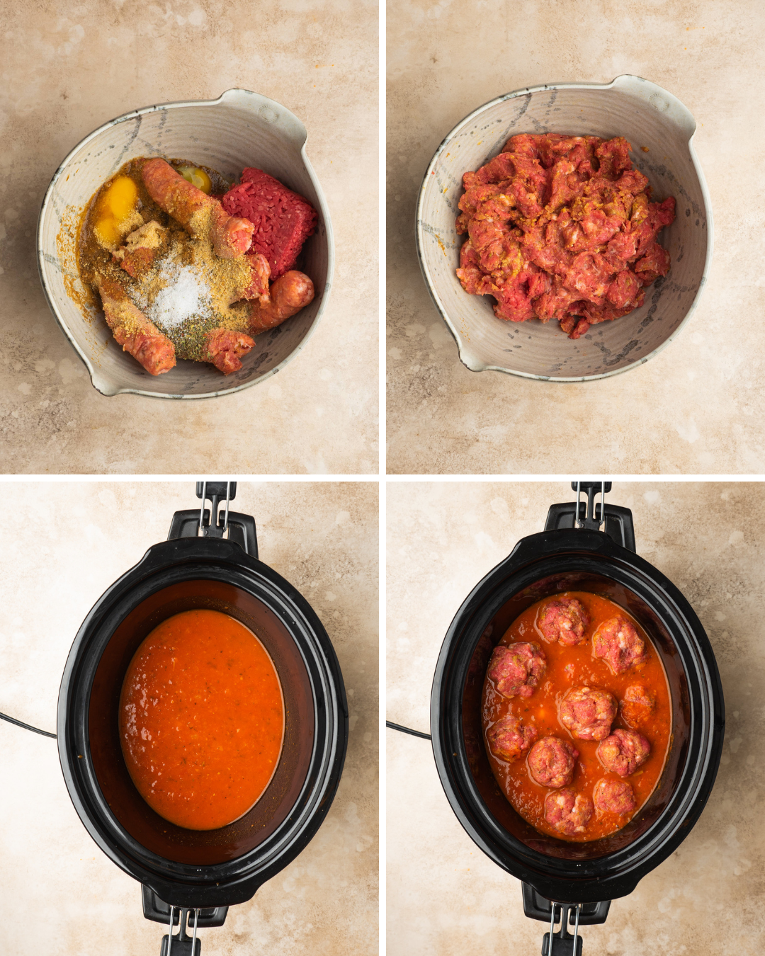 Above view of step by step assembly or meatballs in crockpot