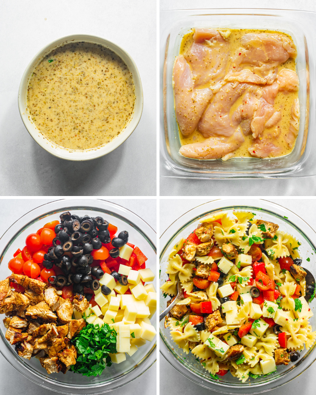 Step by step assembly of italian dressing chicken and chicken pasta salad