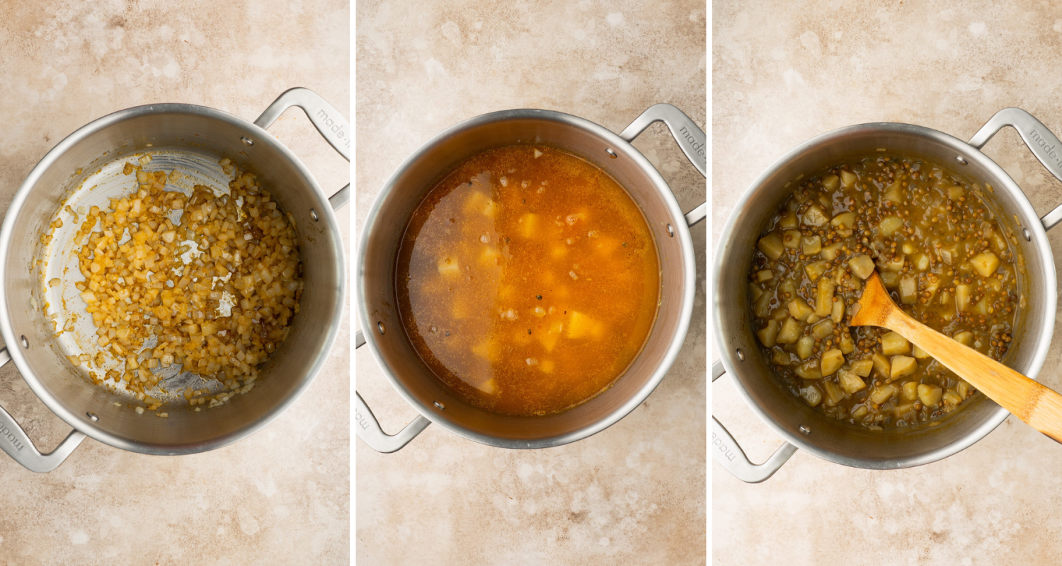 Step by step assembly of lentil and potato soup