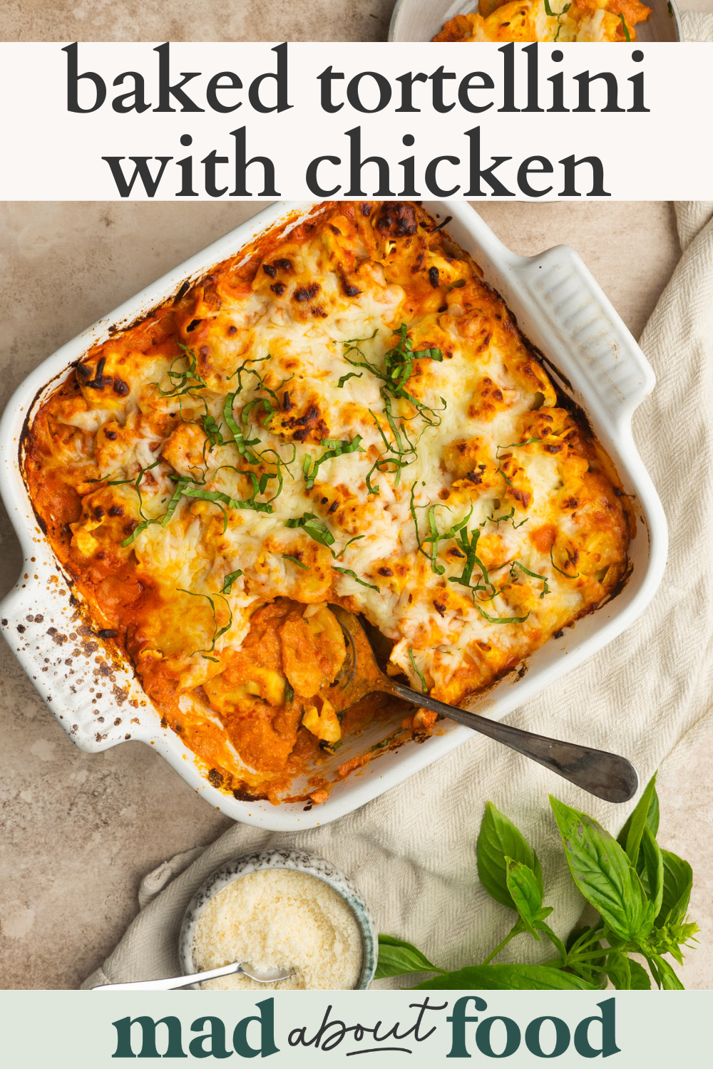 Image for pinning baked tortellini with chicken recipe on pinterest