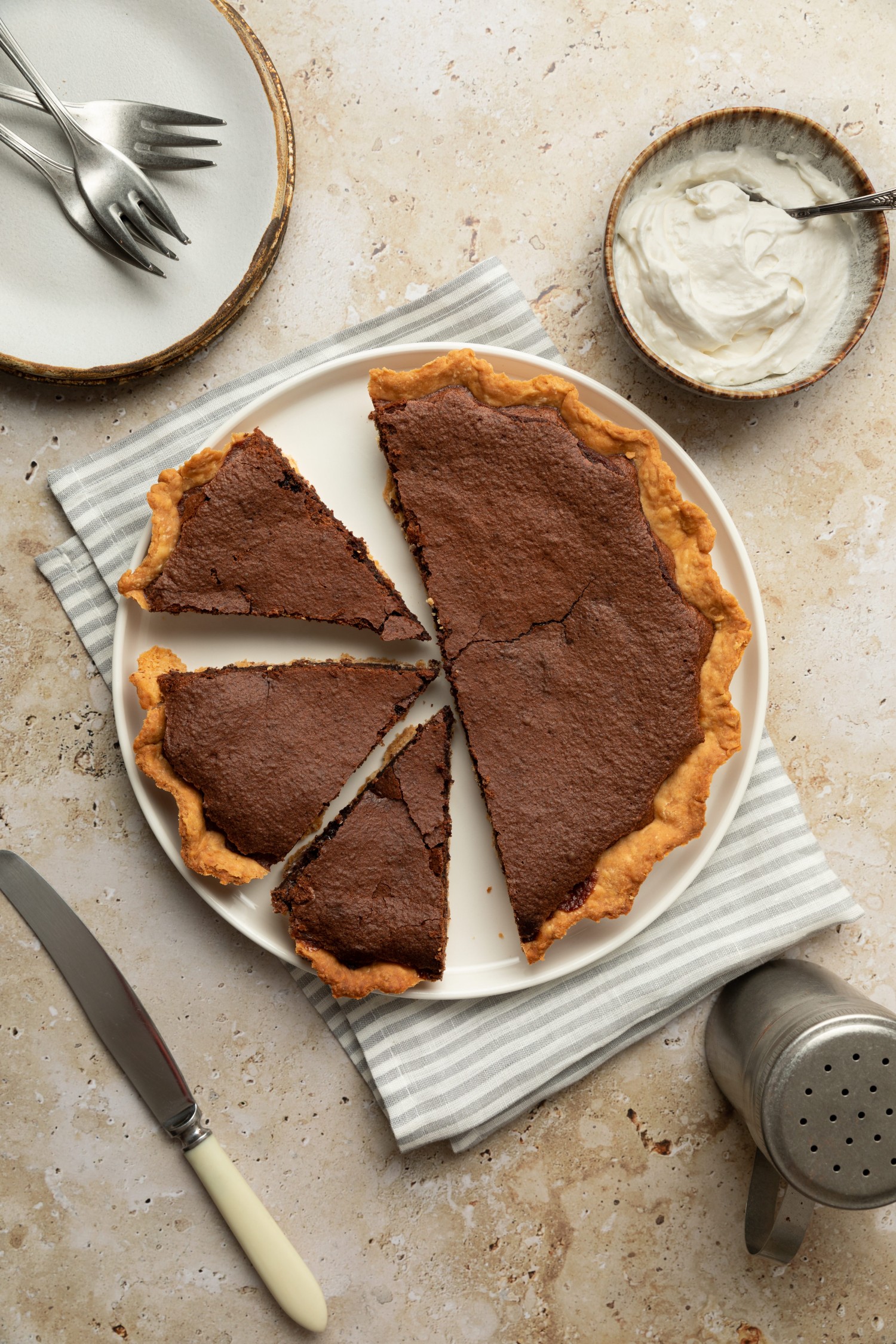 Above view of chocolate chess pie cut into slices
