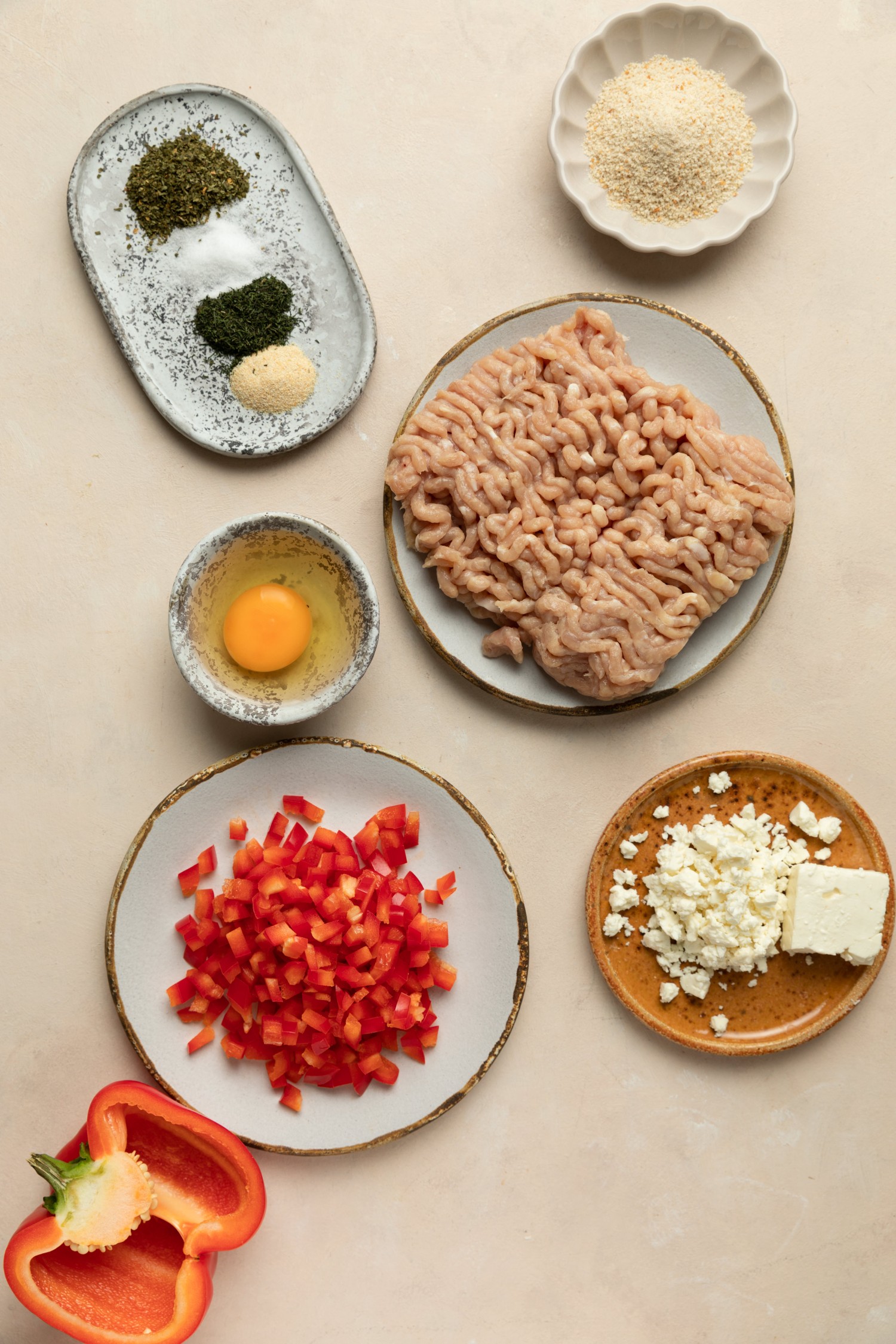 Above view of ingredients for greek chicken meatballs
