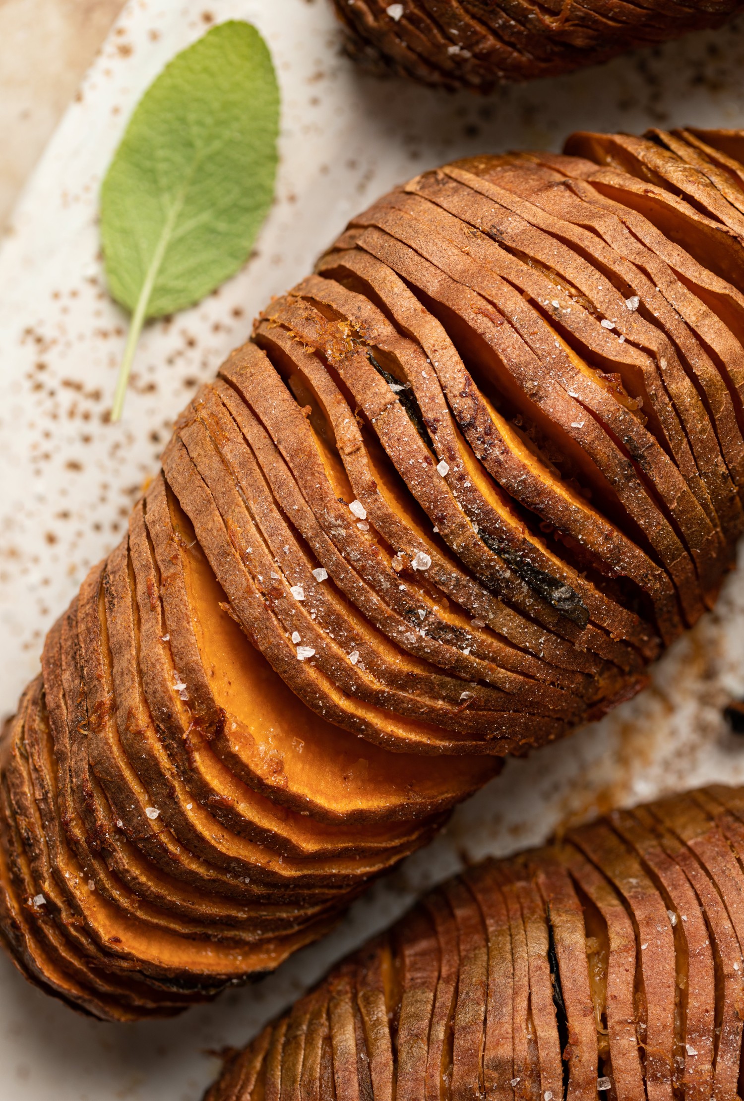 Close up above view of a hasselback sweet potato