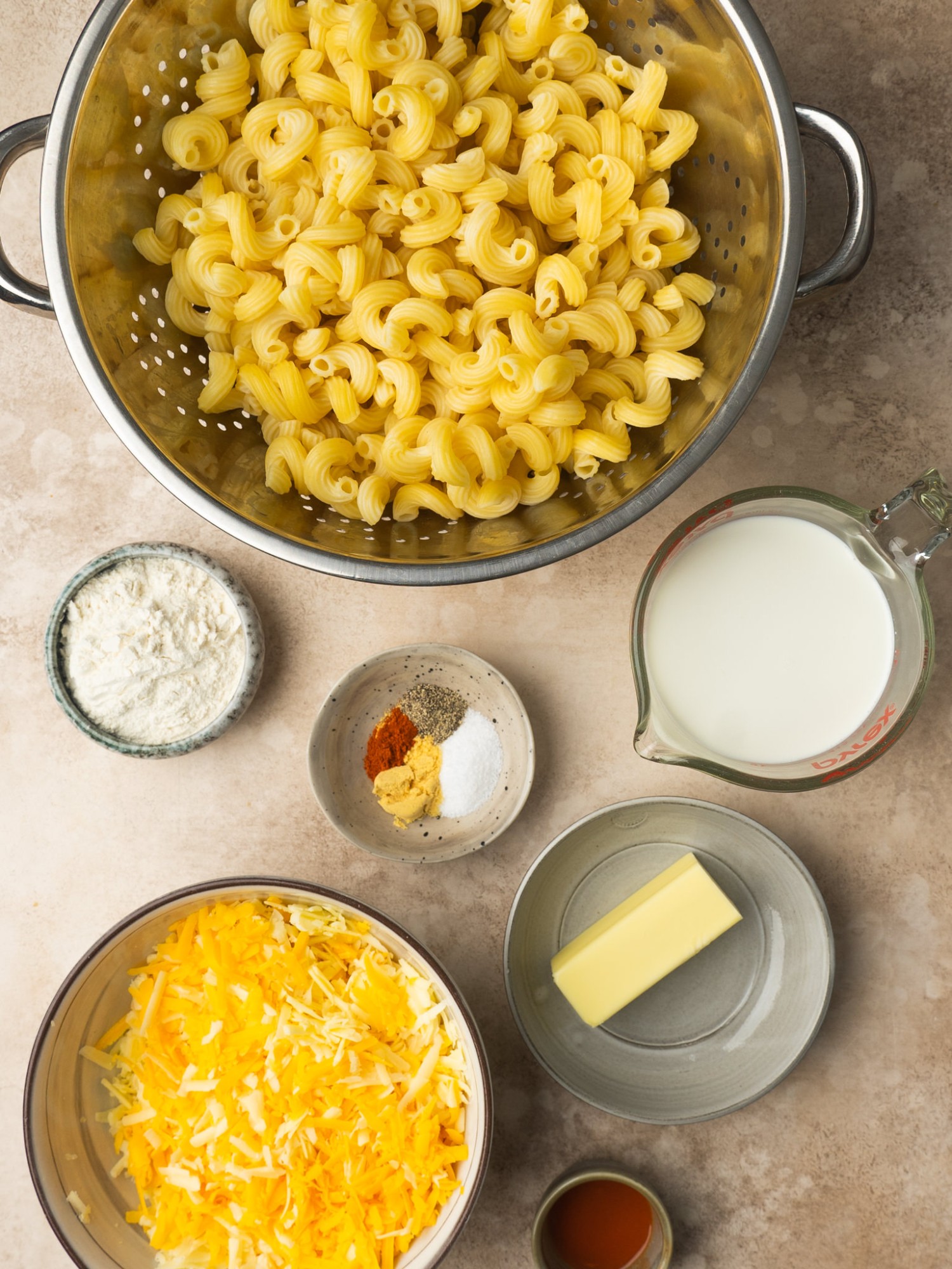 Above view of ingredients for old fashioned baked macaroni and cheese