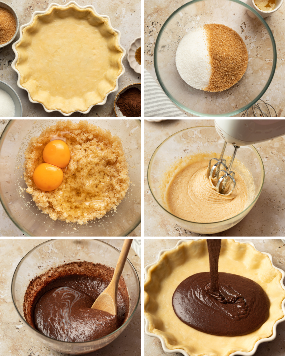 Step by step assembly of a chocolate chess pie recipe