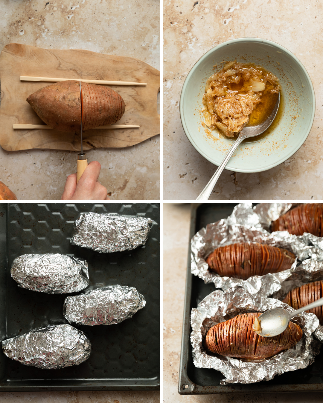 Step by step assembly of hasselback sweet potatoes