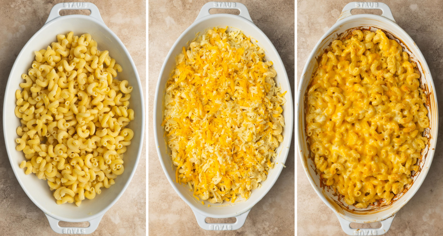 step by step assembly of old fashioned baked macaroni and cheese