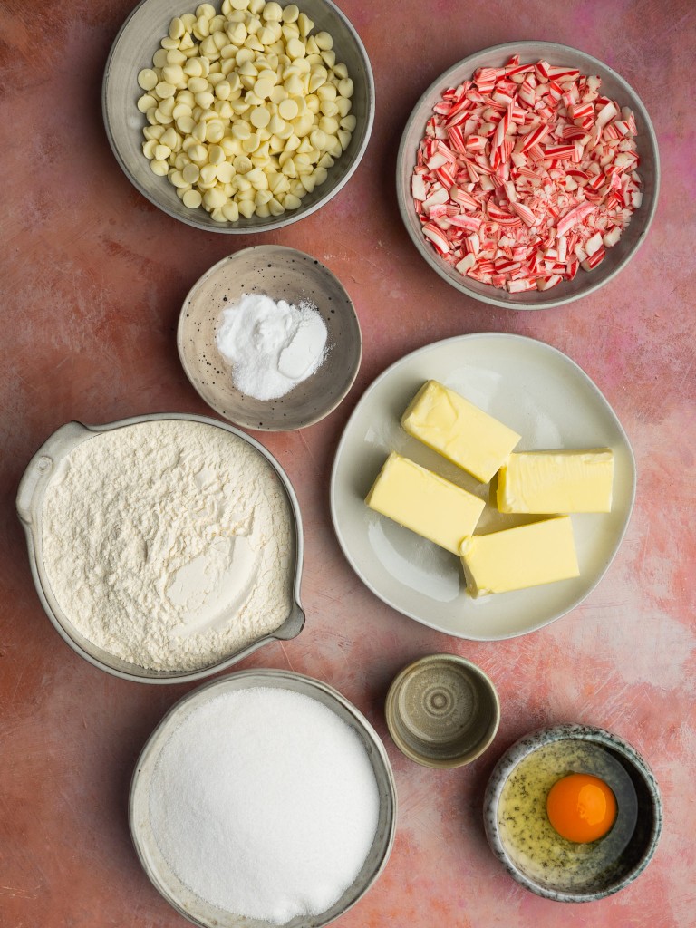 Above view of ingredients for a candy cane cookie recipe