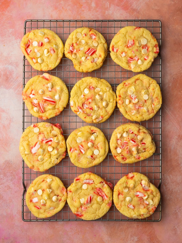 Above view of candy cane cookies on a cooling rack