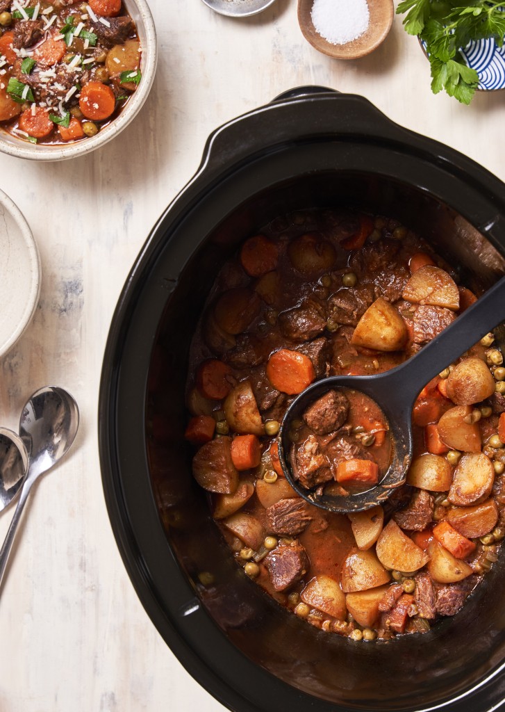 Above view of beef stew in a crock pot