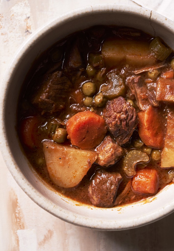 Close up above view of slow cooker beef stew in a serving bowl