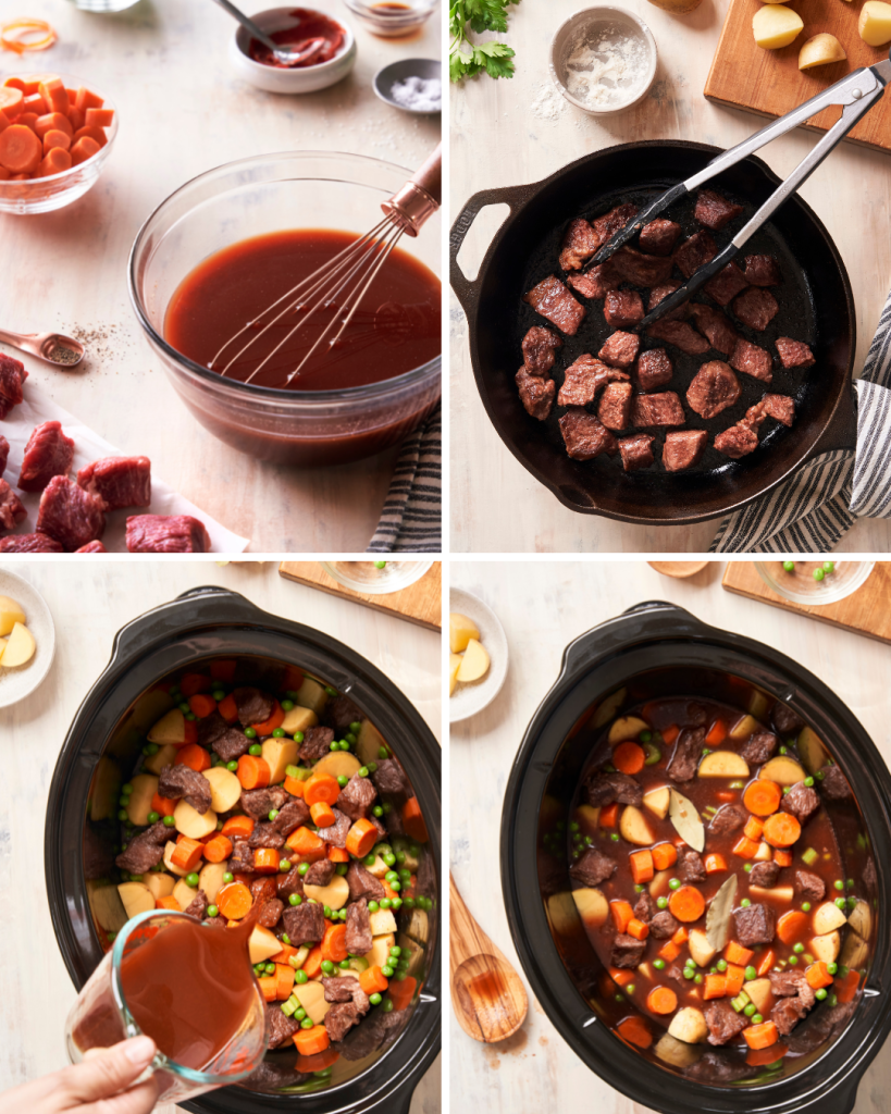 step by step assembly of crock pot beef stew