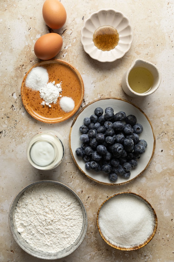 Above view of ingredients for yogurt muffins with blueberries
