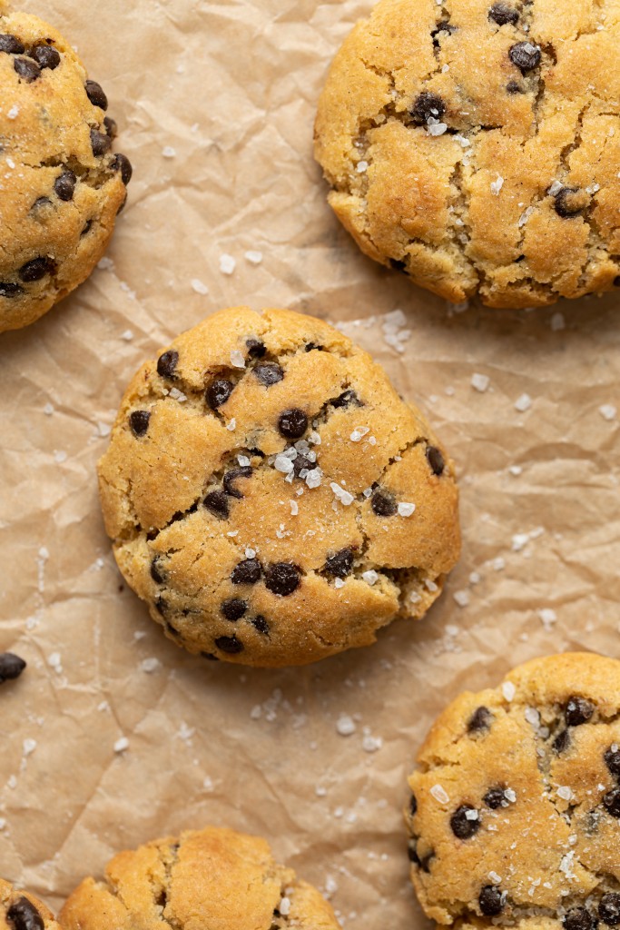 Close up above view of small batch chocolate chip cookies