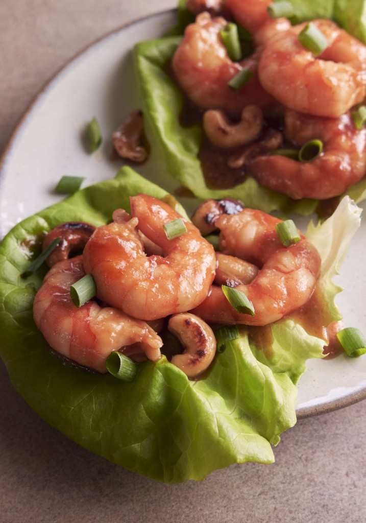 Above view of sweet and sour shrimp in a lettuce wrap