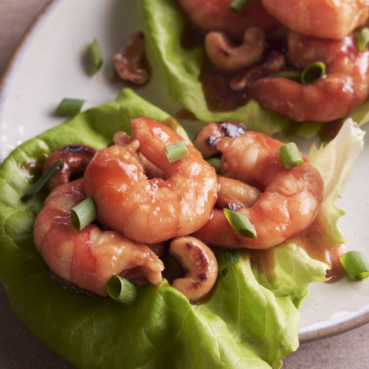 Above view of sweet and sour shrimp in a lettuce wrap