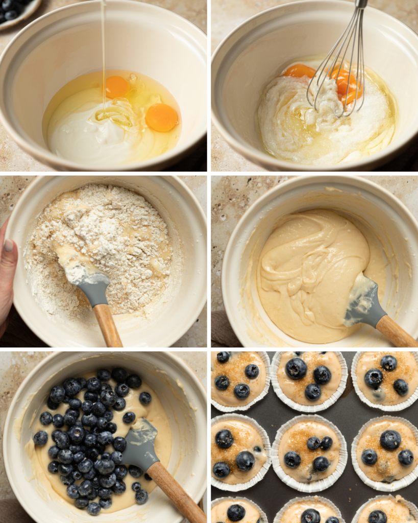 Step by step assembly of blueberry yogurt muffins
