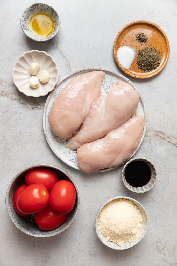 Above view of ingredients for chicken bruschetta