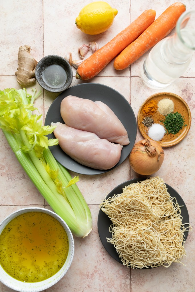 Above view of ingredients for homemade chicken noodle soup