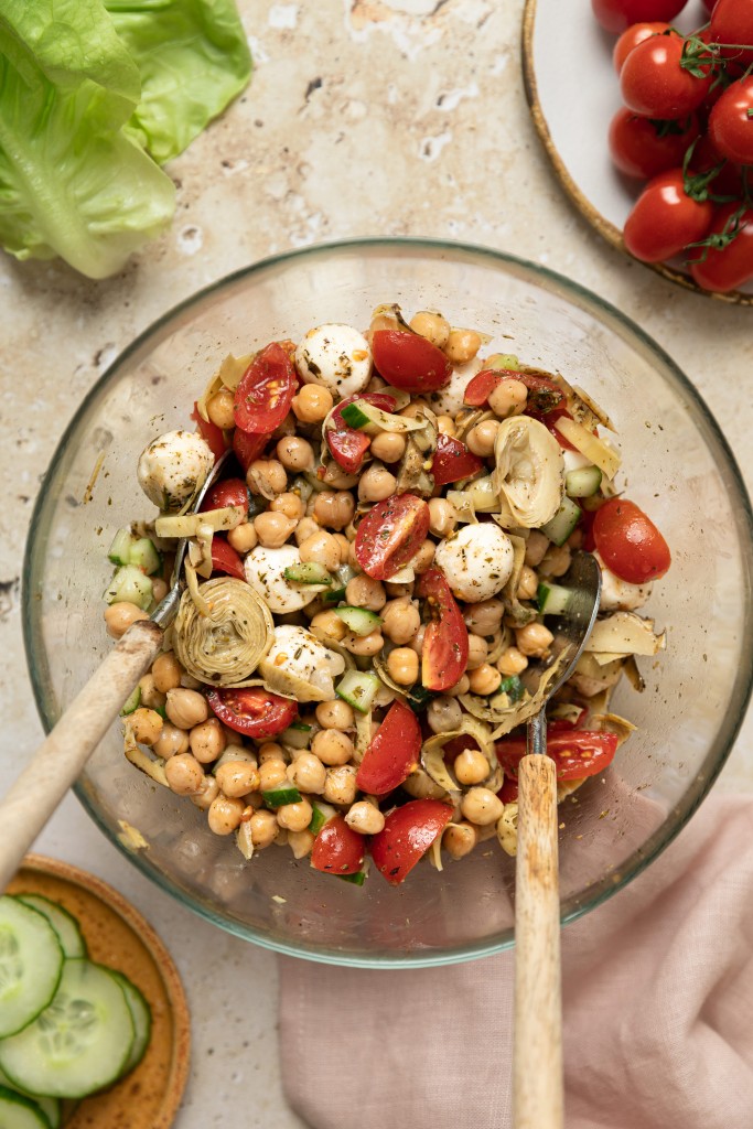 Chickpea salad recipe in a mixing bowl