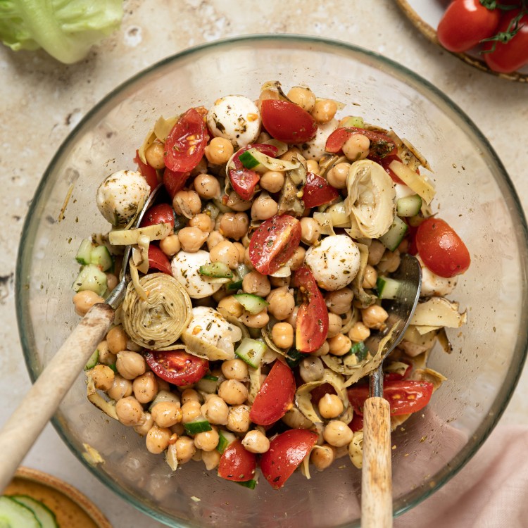 Chickpea salad recipe in a mixing bowl