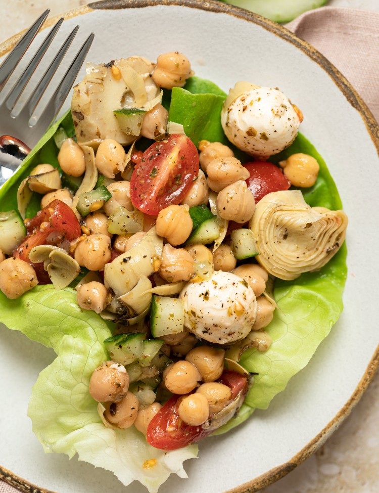 Close up above view of a chickpea salad recipe
