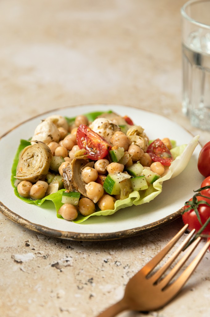 Three quarter view of plate of chickpea salad